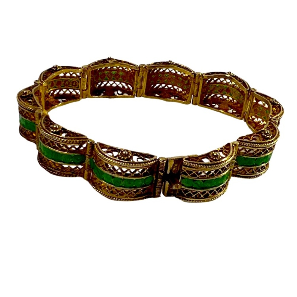 VINTAGE Bracelet Brass Green Bead Stone Dainty Filigree Size Small 6.5”